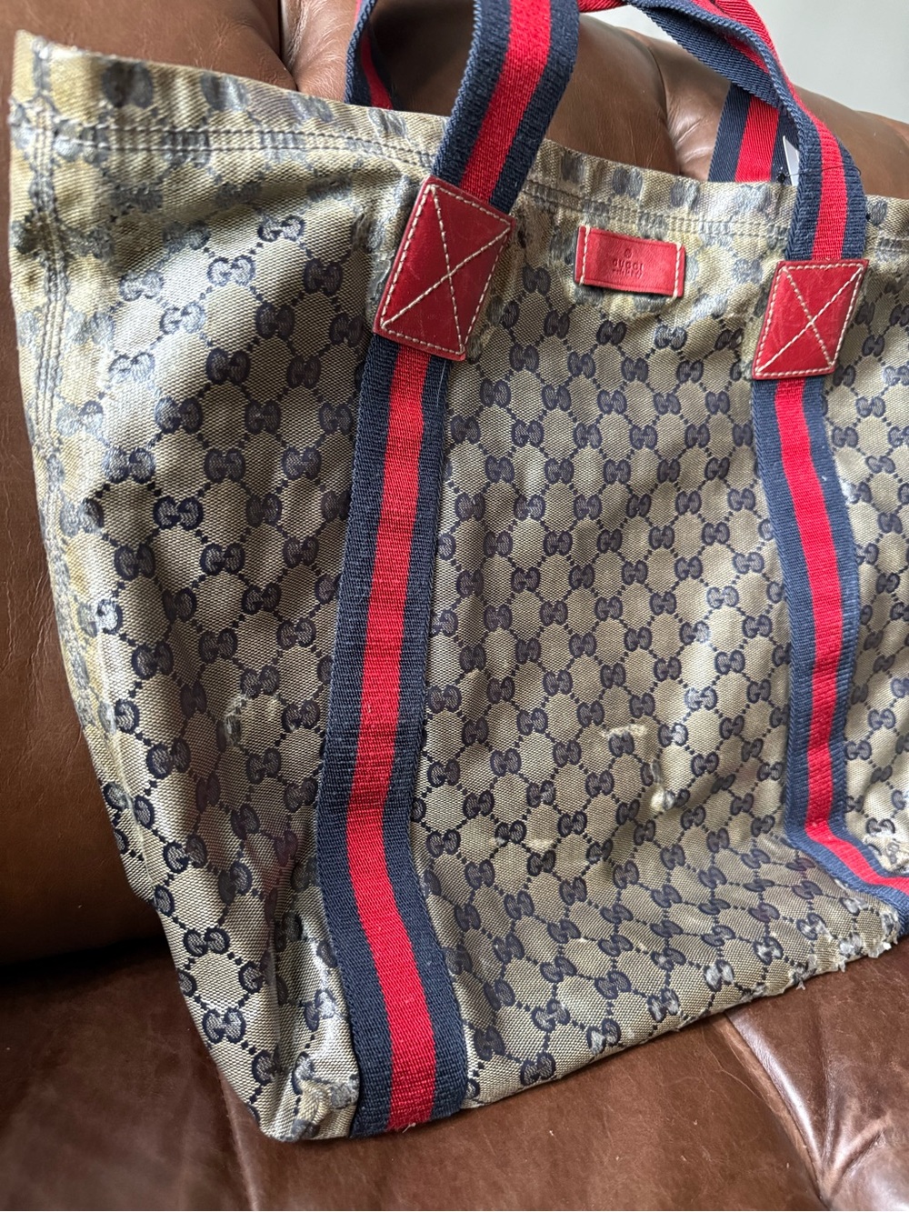 Vintage Gucci Beige GG Supreme Canvas Tote with Red and Navy Web Straps